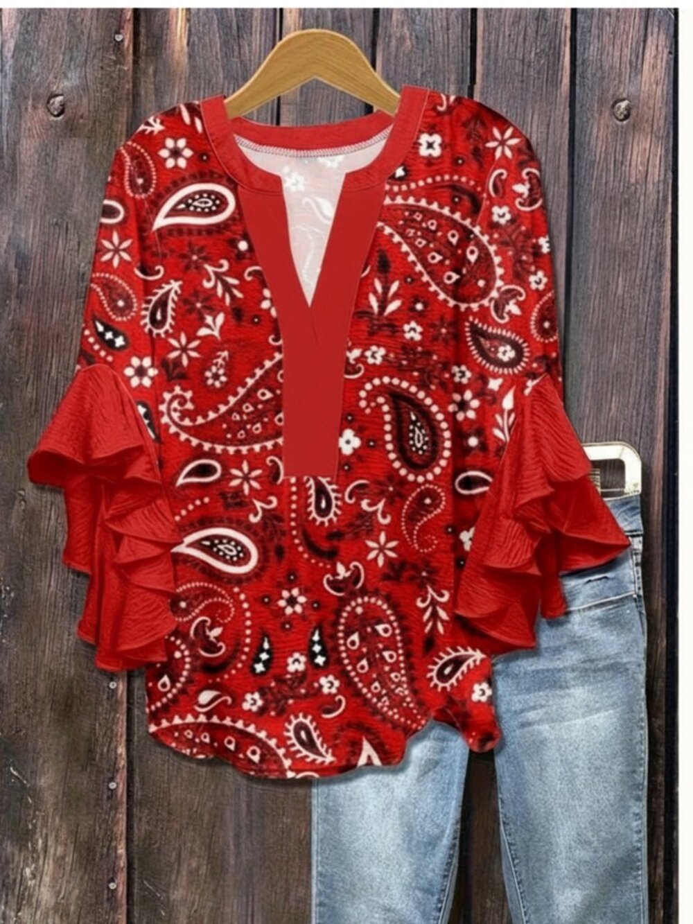Scarlet Paisley Chic Plus Top – Ruffled Sleeves, Casual Elegance for Curves
